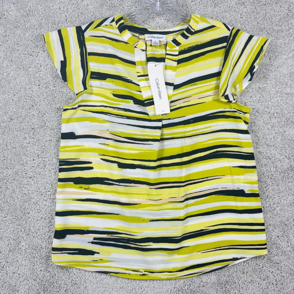 Calvin Klein Womens Lime Green Abstract Stripe‎ Ruffle Sleeve Blouse S34T389G S
